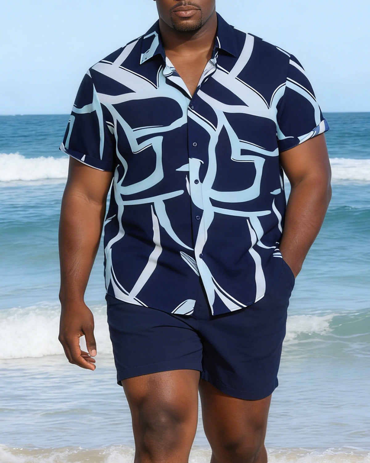 Large Size Men's Irregular Geometric Blue Short Sleeve Shirt Shorts Set