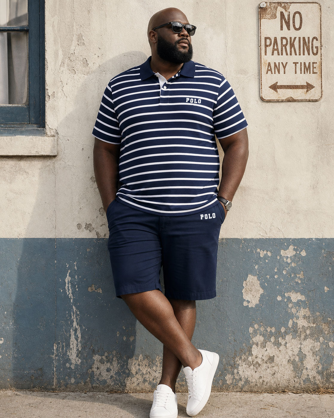 Big & Tall Men's Classic Navy Style Pinstripe POLO Shirt Short Sleeve Shorts Set