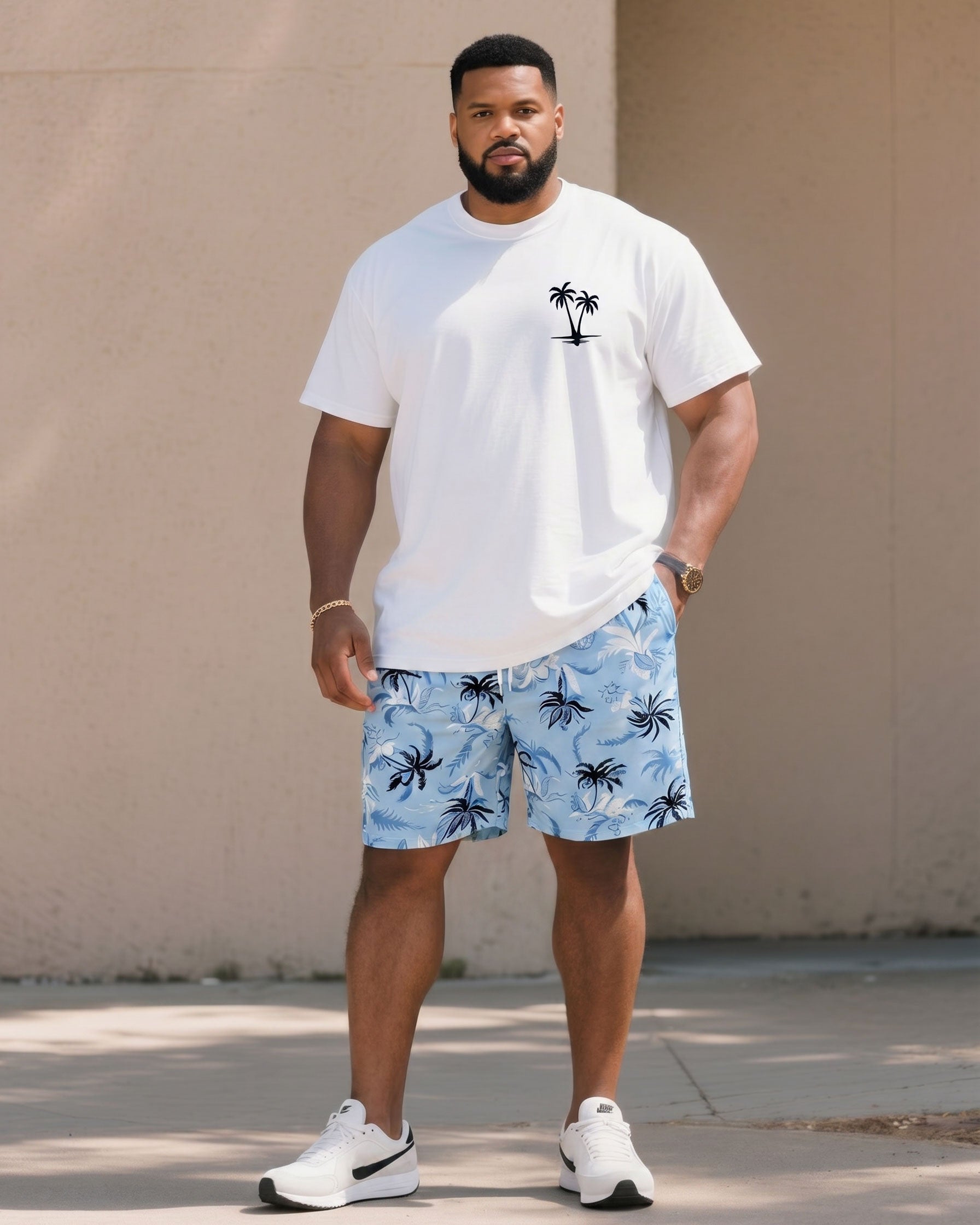 Big & Tall Men's Blue & White Simple Holiday Casual Hawaiian T-Shirt Shorts Set