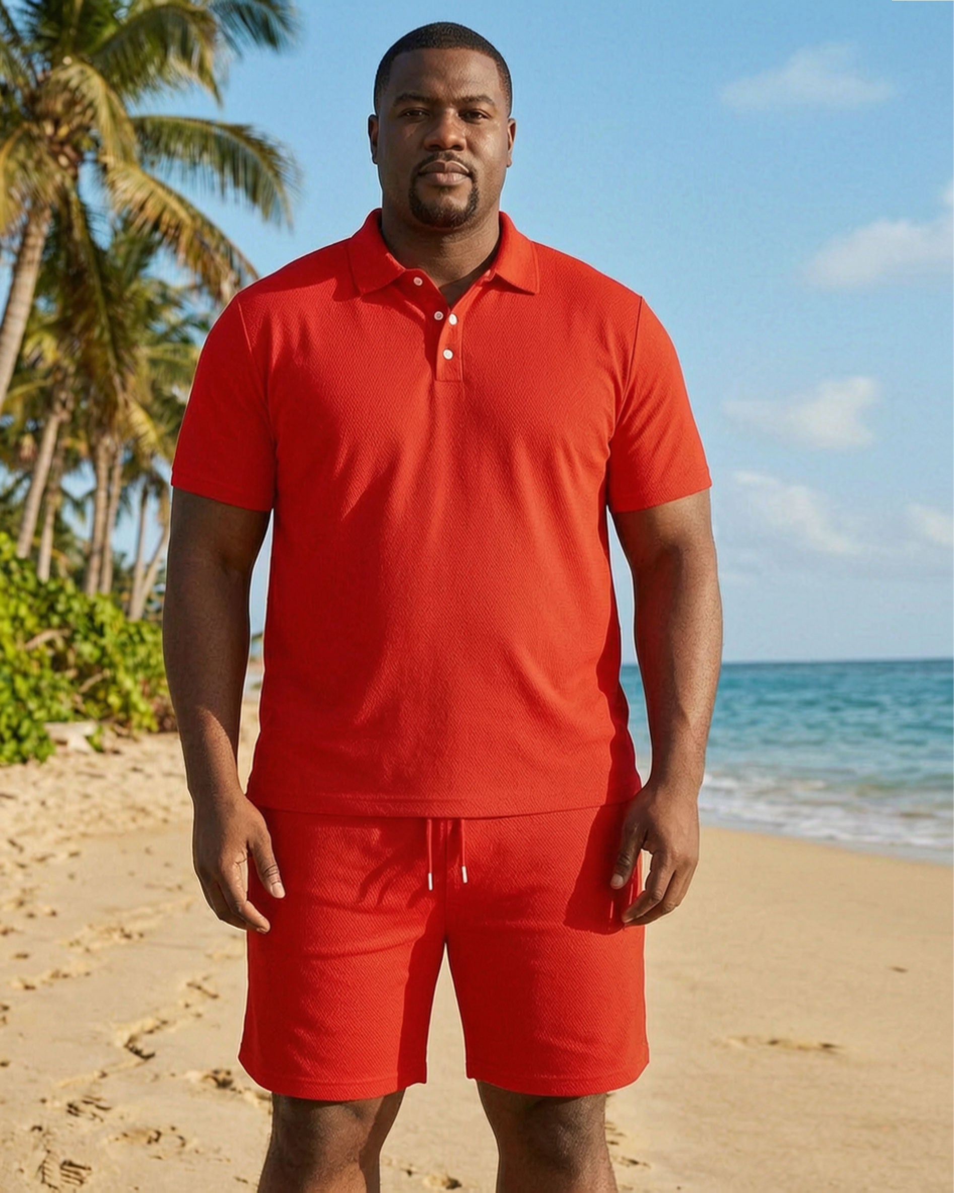 Big & Tall Men's Red Solid Color Casual Polo Shirt Short Sleeve Shorts Set