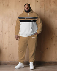 Large Size Men's Autumn And Winter Warm Cold-proof Khaki & White & Black Color Sleeves Chest Small Label Printed Hoodie Sweatpants Set