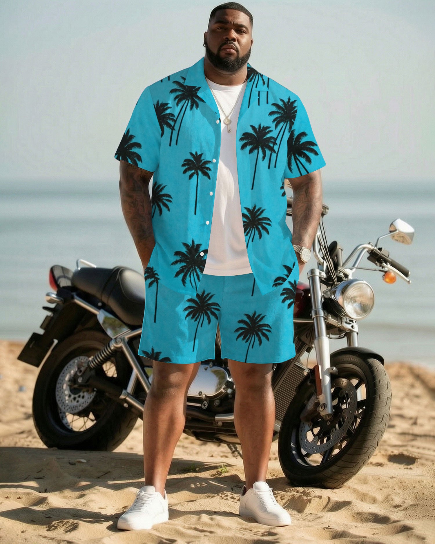 Big & Tall Men's Hawaiian Holiday Coconut Tree Silhouette Full Print Cardigan Short Sleeve Shirt Shorts Set