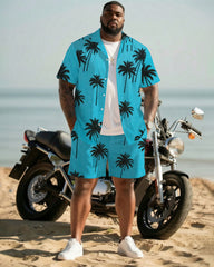 Big & Tall Men's Hawaiian Holiday Coconut Tree Silhouette Full Print Cardigan Short Sleeve Shirt Shorts Set
