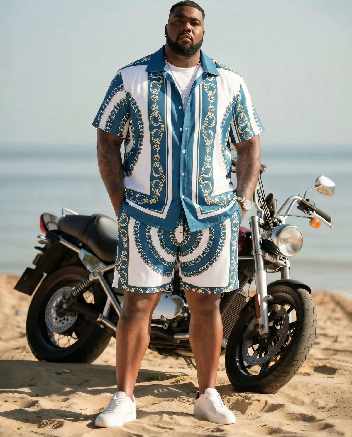 Big & Tall Men's Hawaiian Holiday Light Luxury Baroque Blue & White Short Sleeve Cardigan Shirt Shorts Set
