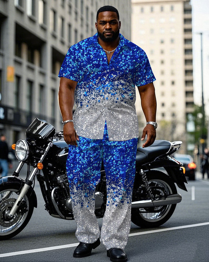 Big & Tall Men's Blue Cotton-Blend Sequins Christmas Short Sleeve Shirt Pants Set