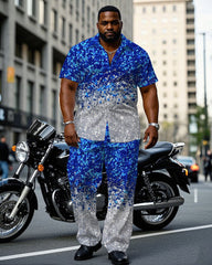 Big & Tall Men's Blue Cotton-Blend Sequins Christmas Short Sleeve Shirt Pants Set