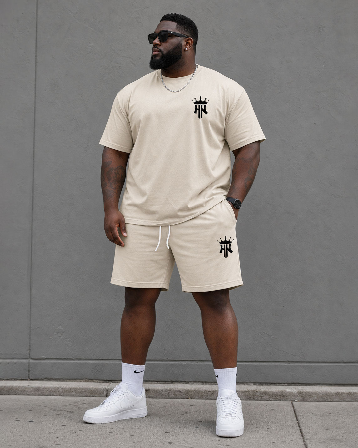 Big & Tall Men's Apricot Simple Casual Daily Travel Home Chest Letter Printed Short Sleeve T-shirt Shorts Set