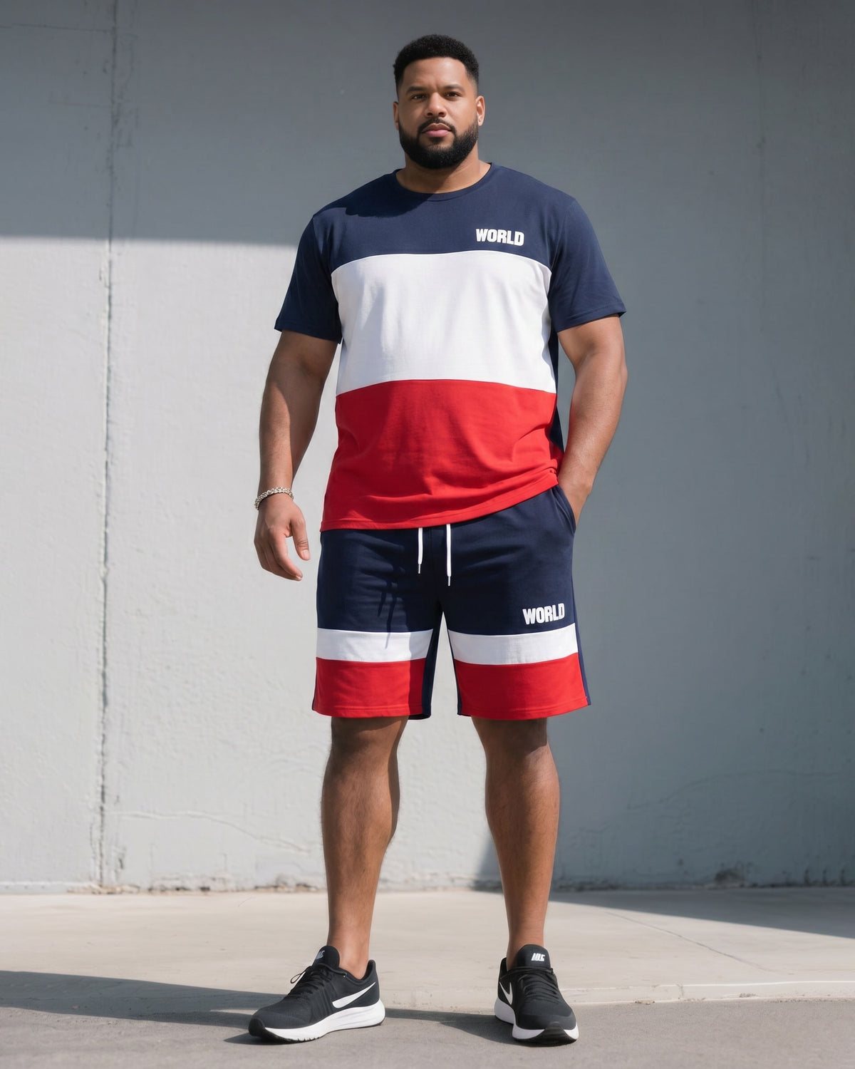 Big & Tall Men’s Royal Blue, White, And Black Patchwork Contrasting Color Chest “World” Slogan Printed T-Shirt And Shorts Set