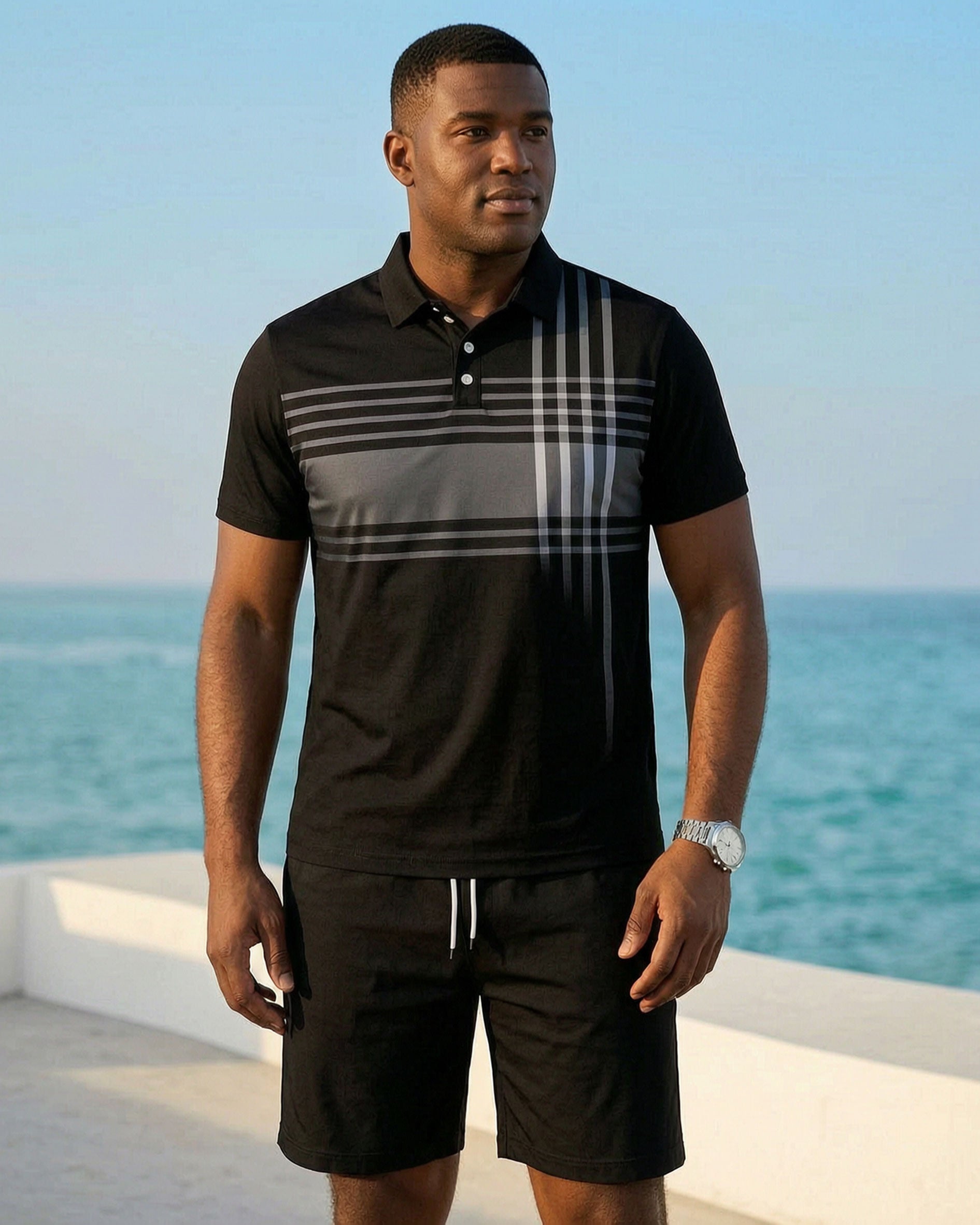 Big & Tall Men's Business Leisure Vacation Black POLO Short Sleeve Shorts Set