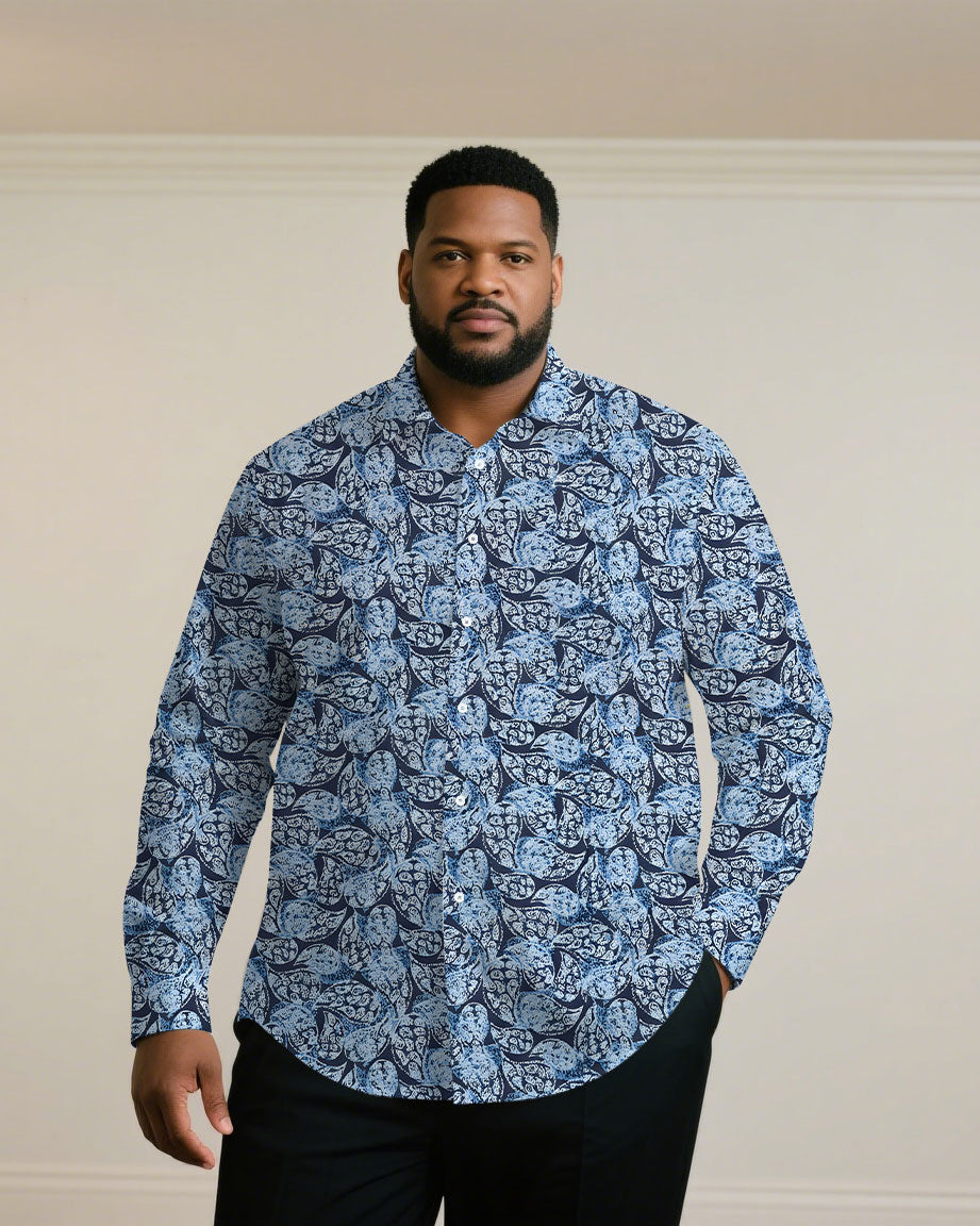 Men's Plus Size Paisley Business Casual Wrinkle Blue Long Sleeve Shirt