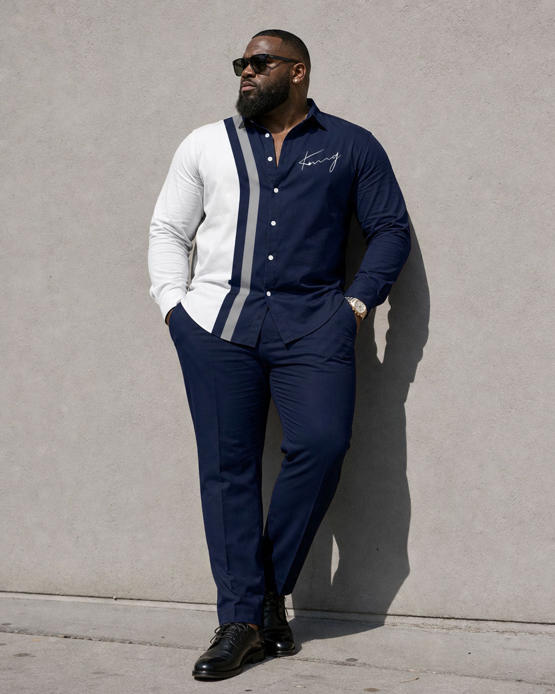 Big & Tall Men's Simple Contrast Color Stitching Business Leisure Travel Long Sleeve Shirt Pants Set