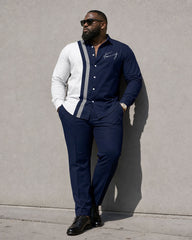 Big & Tall Men's Simple Contrast Color Stitching Business Leisure Travel Long Sleeve Shirt Pants Set