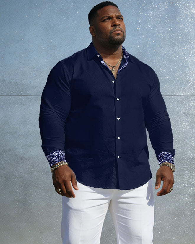 Men's Plus Size Casual Vacation Music Character Dating Cuff Collar Paisley Pattern Royal Blue Wrinkle-resistant New Lapel Long Sleeve Shirt