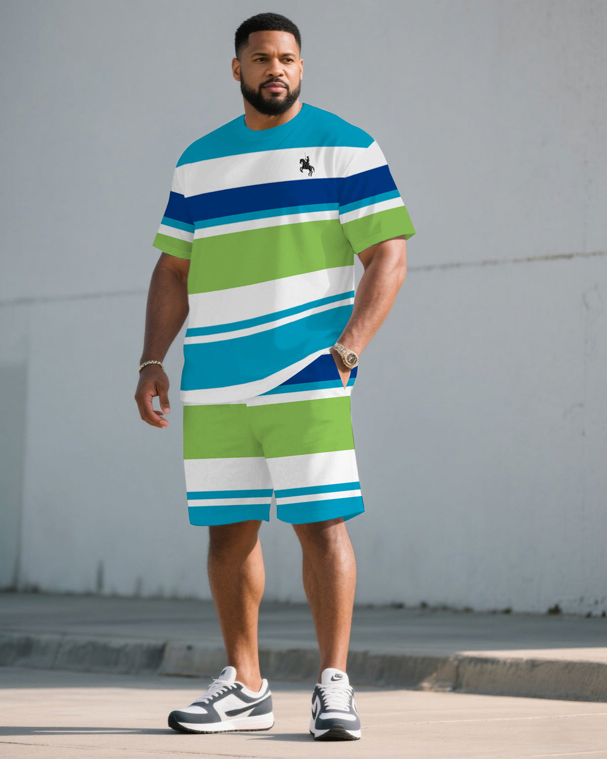 Big & Tall Men's Blue And Blue Colorful Striped Chest Pony Print T-Shirt Shorts Set