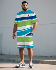 Big & Tall Men's Blue And Blue Colorful Striped Chest Pony Print T-Shirt Shorts Set