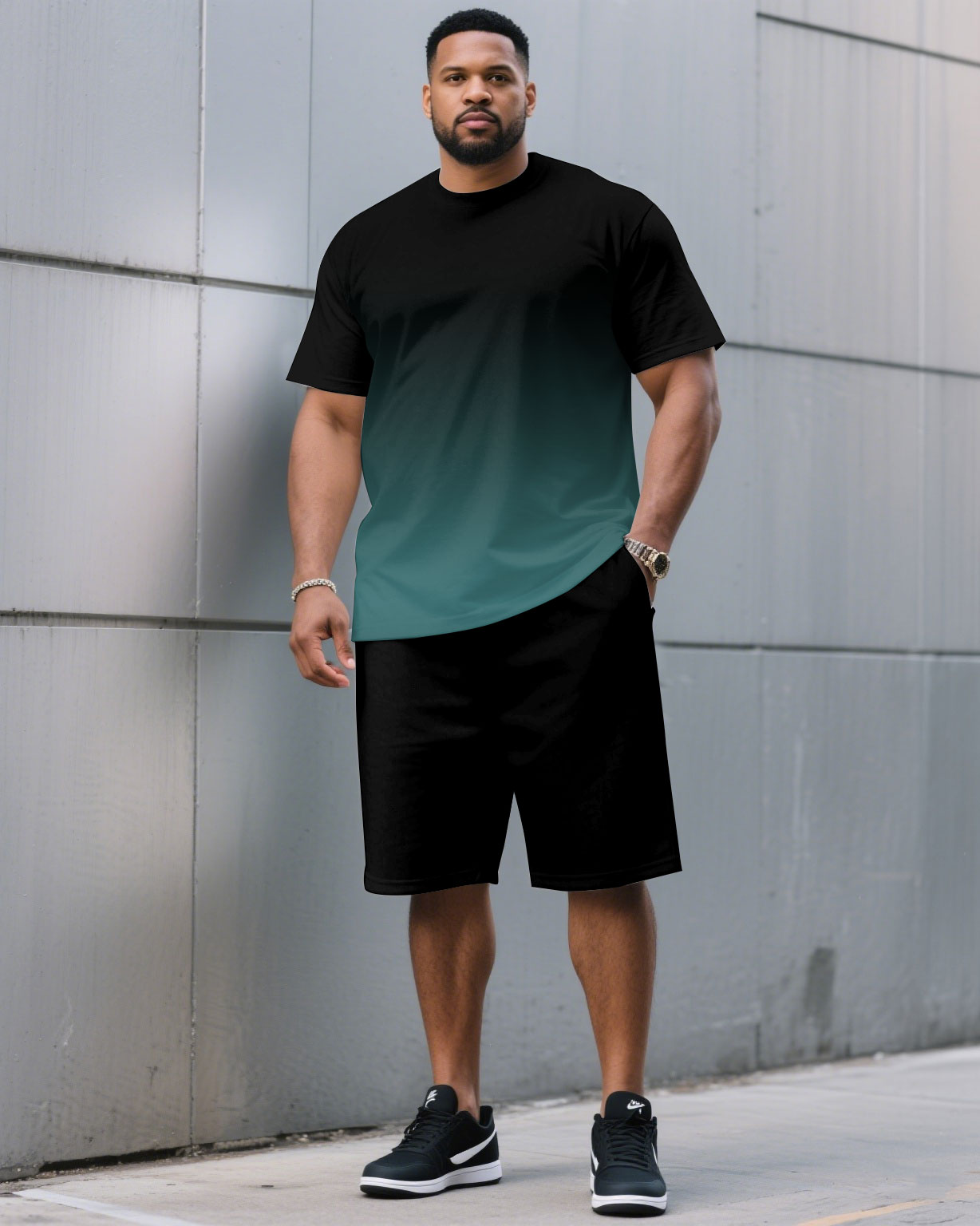 Men's Plus Size Casual Black & Red Chest Gradient Fashion Round Neck Short Sleeve T-Shirt and Shorts Suit