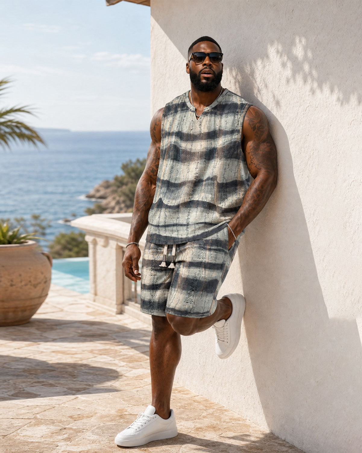 American Style Casual Summer Ice Sense Striped Sleeveless Vest Set Large Size Men's Sports Tie Dye Shorts Two-piece Set