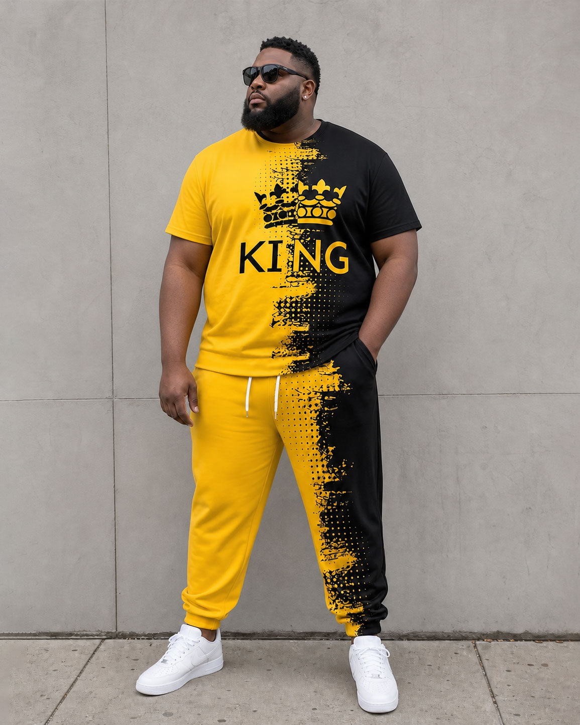 Big & Tall Men's Yellow & Black Splash Ink Design Irregular Pattern KING Chest Large Printed Short Sleeve T-Shirt Sports Pants Set