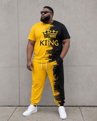 Big & Tall Men's Yellow & Black Splash Ink Design Irregular Pattern KING Chest Large Printed Short Sleeve T-Shirt Sports Pants Set