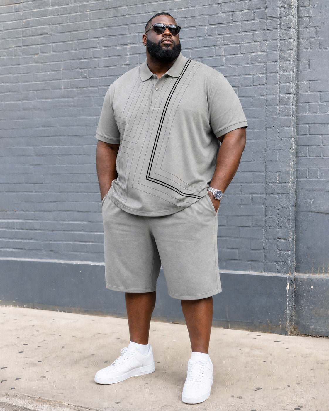 Big & Tall Men's Gray Line Geometric Button Polo Shirt Short Sleeve Shorts Set