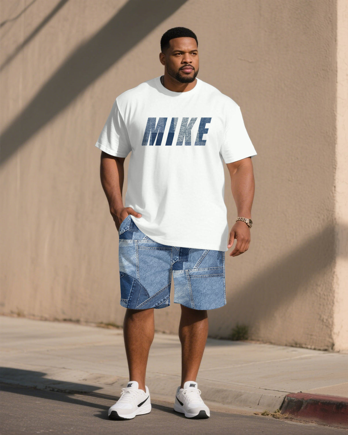 Big & Tall Men' Imitation Denim Cut Letter Print Short Sleeve T-shirt Shorts Set