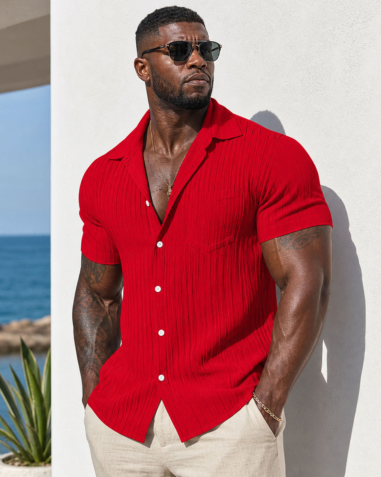 Fashionable Summer Multi-Color Choices – Men’s Stylish Striped Jacquard Textured Casual Beach Shirt With Short Sleeves