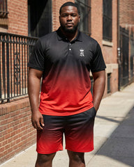 Big & Tall Men's Black & Red Gradient Chest "king" Crown Small Label Short Sleeve POLO Shirt Shorts Set