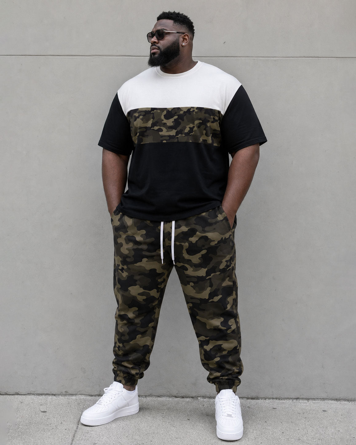 Big & Tall Men's Daily Leisure Travel Party Camouflage & Black & White Mosaic Army Green Short Sleeve T-shirt Sports Pants Set
