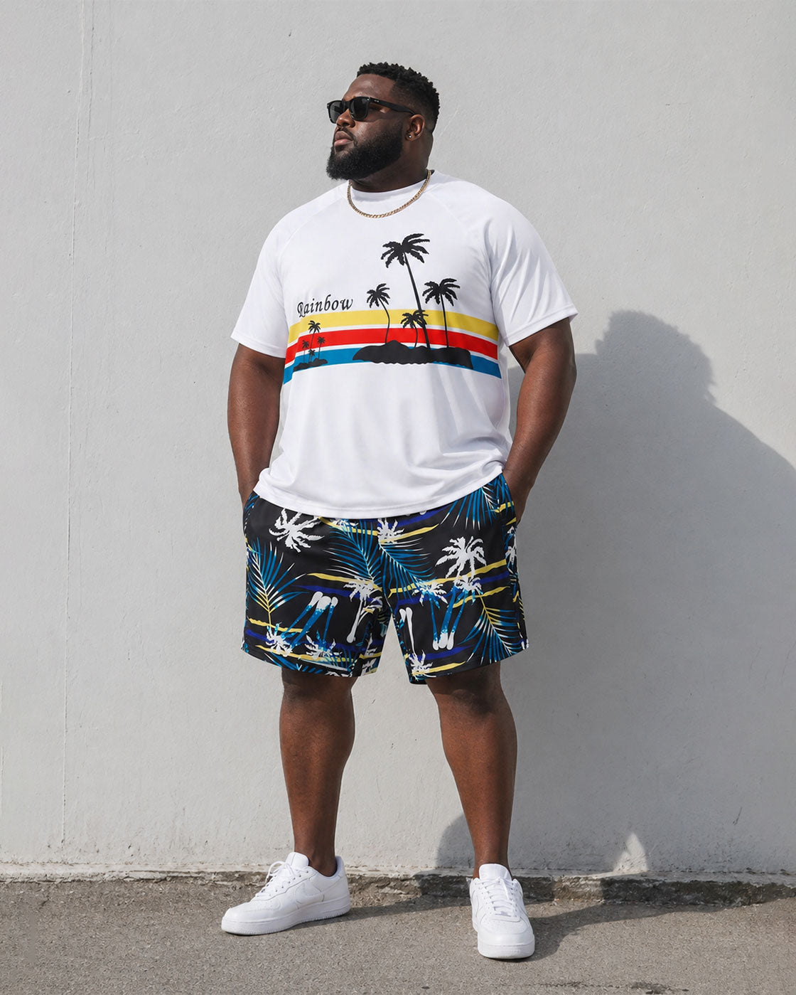 Big & Tall Men's Hawaiian Holiday Rainbow Brown Tree Print T-Shirt Shorts Set