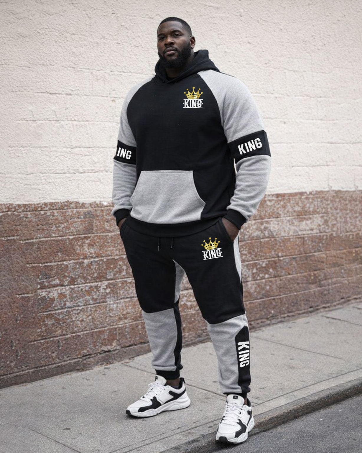 Large Size Men's Autumn And Winter Warm Cold-proof Gentleman Black & Grey King Crown Logo Printed Hoodie Sweatpants Set