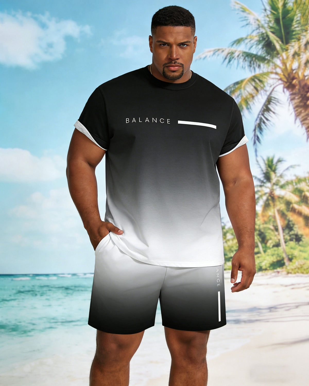 Big & Tall Men's Black & White Gradient Short Sleeve T-Shirt Shorts Set