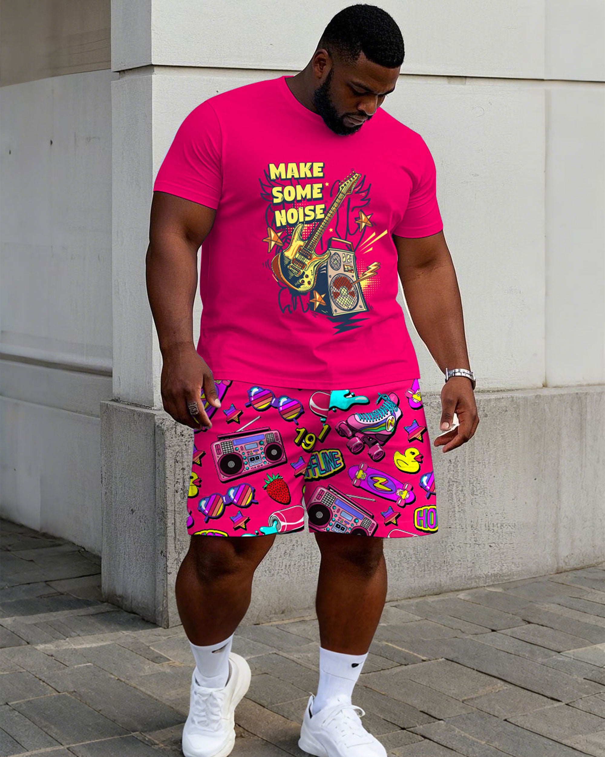 Big & Tall Men's Rose Red Music Carnival Printing Crewneck Short Sleeve T-Shirt Shorts Set