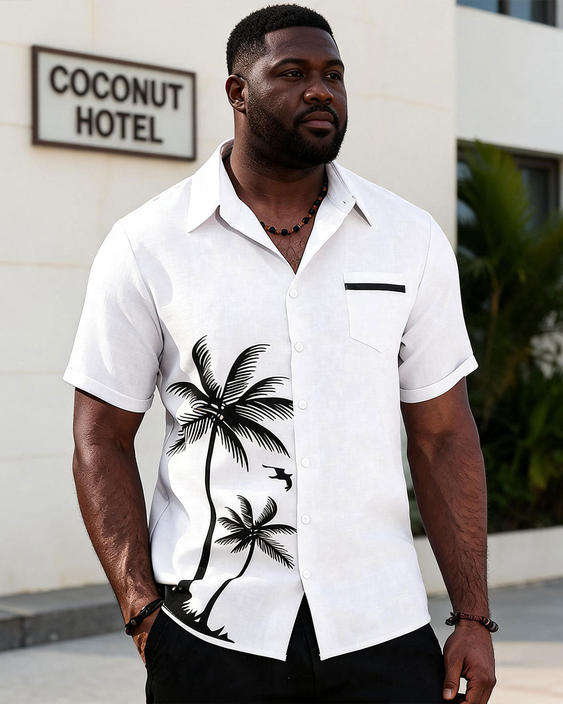Big & Tall Men's Details Page Holiday Leisure Travel Party White Coconut Silhouette Print Short Sleeve Cardigan Shirt