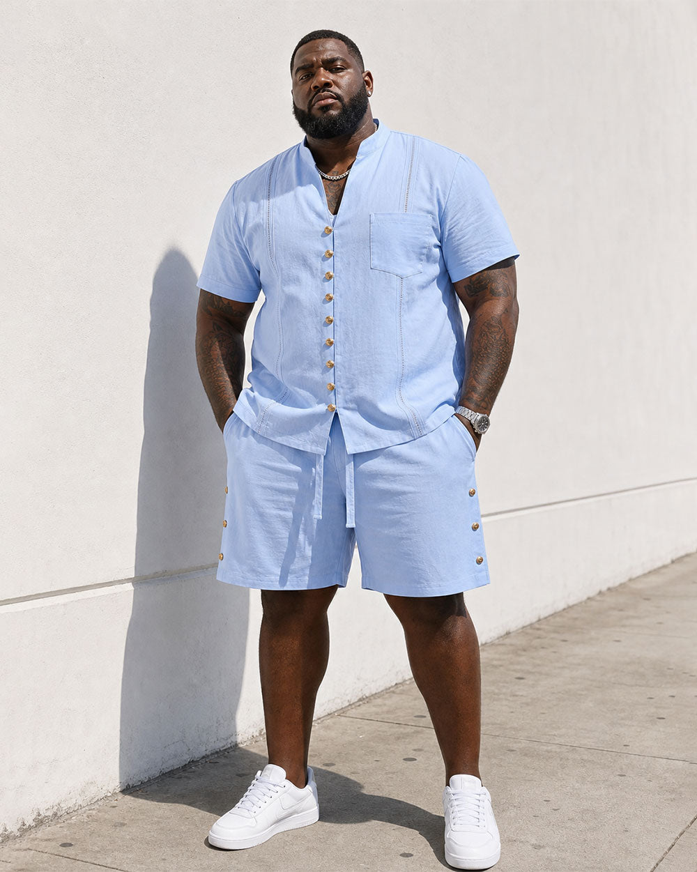 Men's Linen Solid Color Breathable Eco-Friendly Comfortable Retro Casual Button V-Neck Cardigan Short Sleeve Shirt Shorts Set
