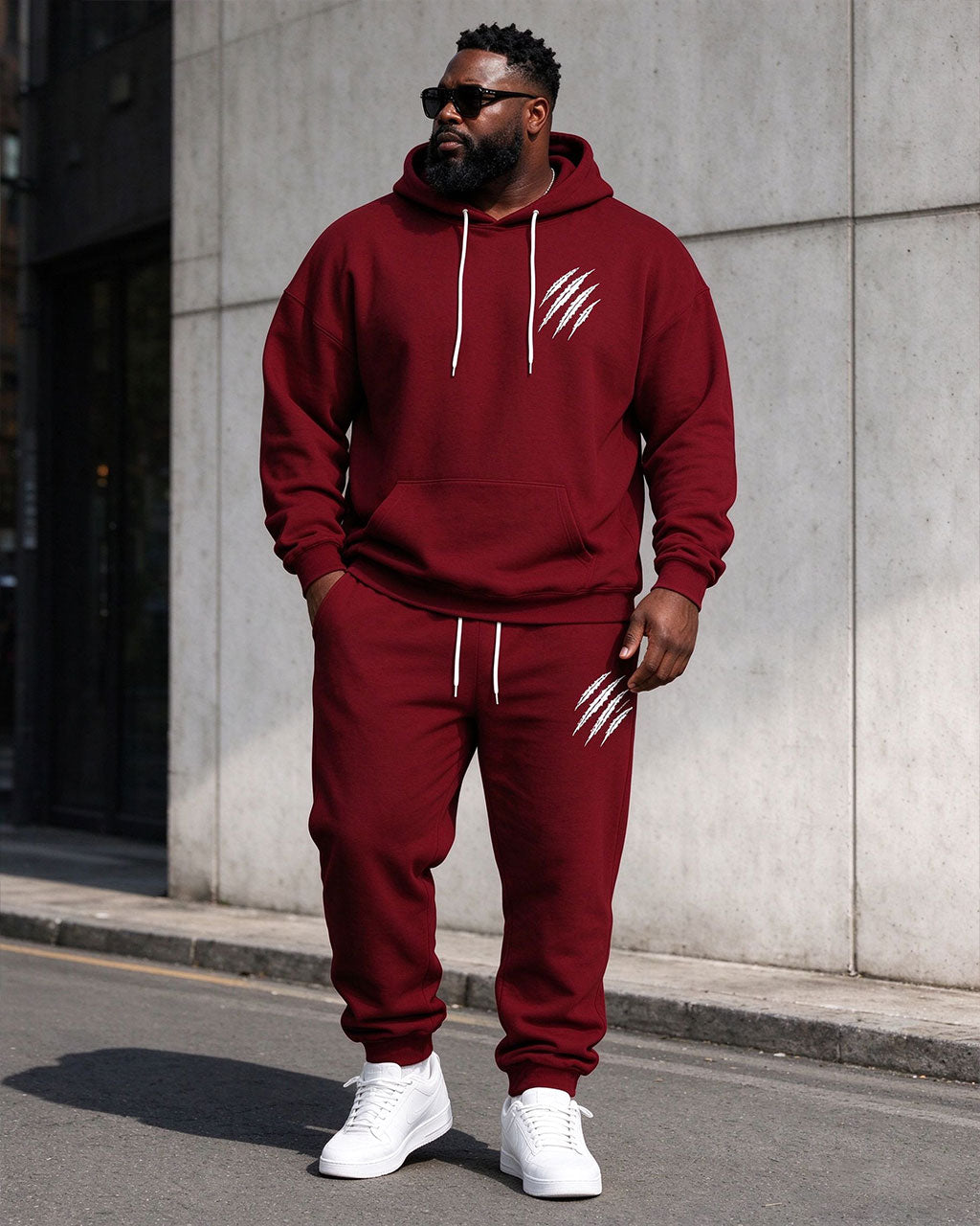 Large Size Men's Autumn And Winter Warm Contrast Red Simple Letter Printed Hoodie Sweatpants Set