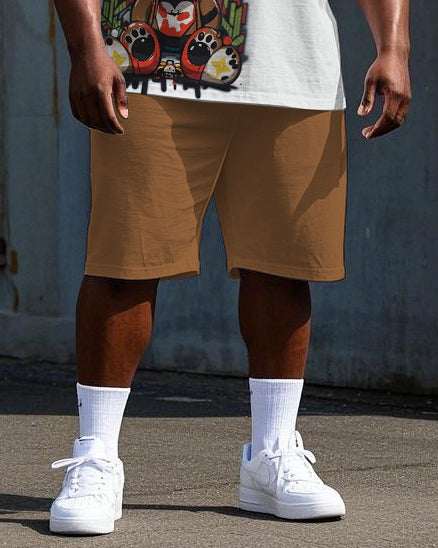 Men's Big Size Hip Hop Street Fashion Cartoon Bear Printed Casual Short Sleeve T-shirt Shorts Set