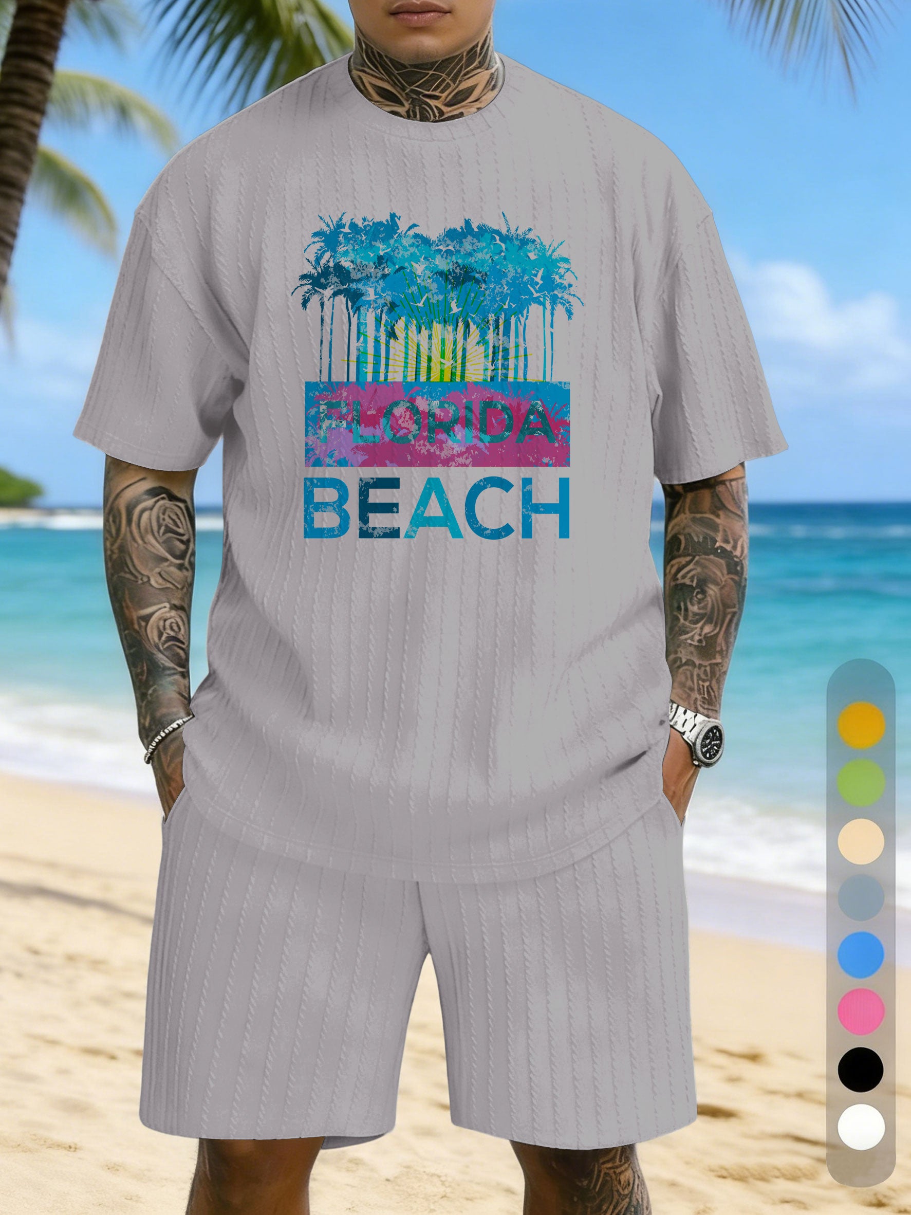 Large Size Jacquard Casual Set With Printed Chest Texture
