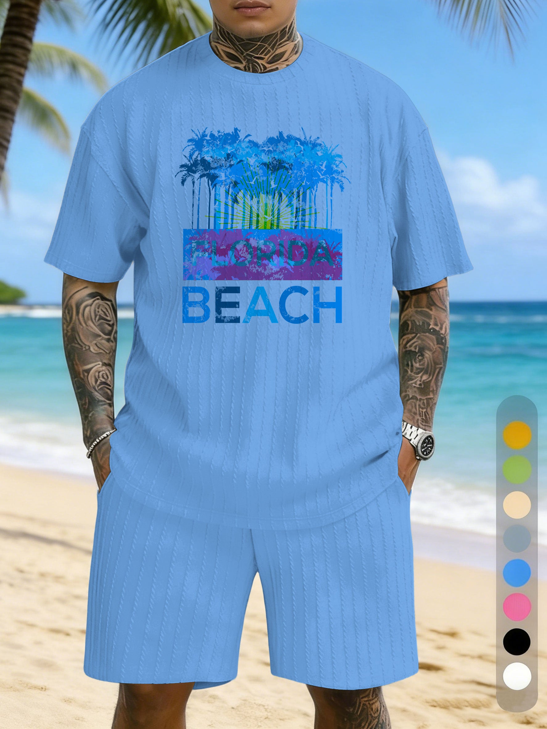 Large Size Jacquard Casual Set With Printed Chest Texture