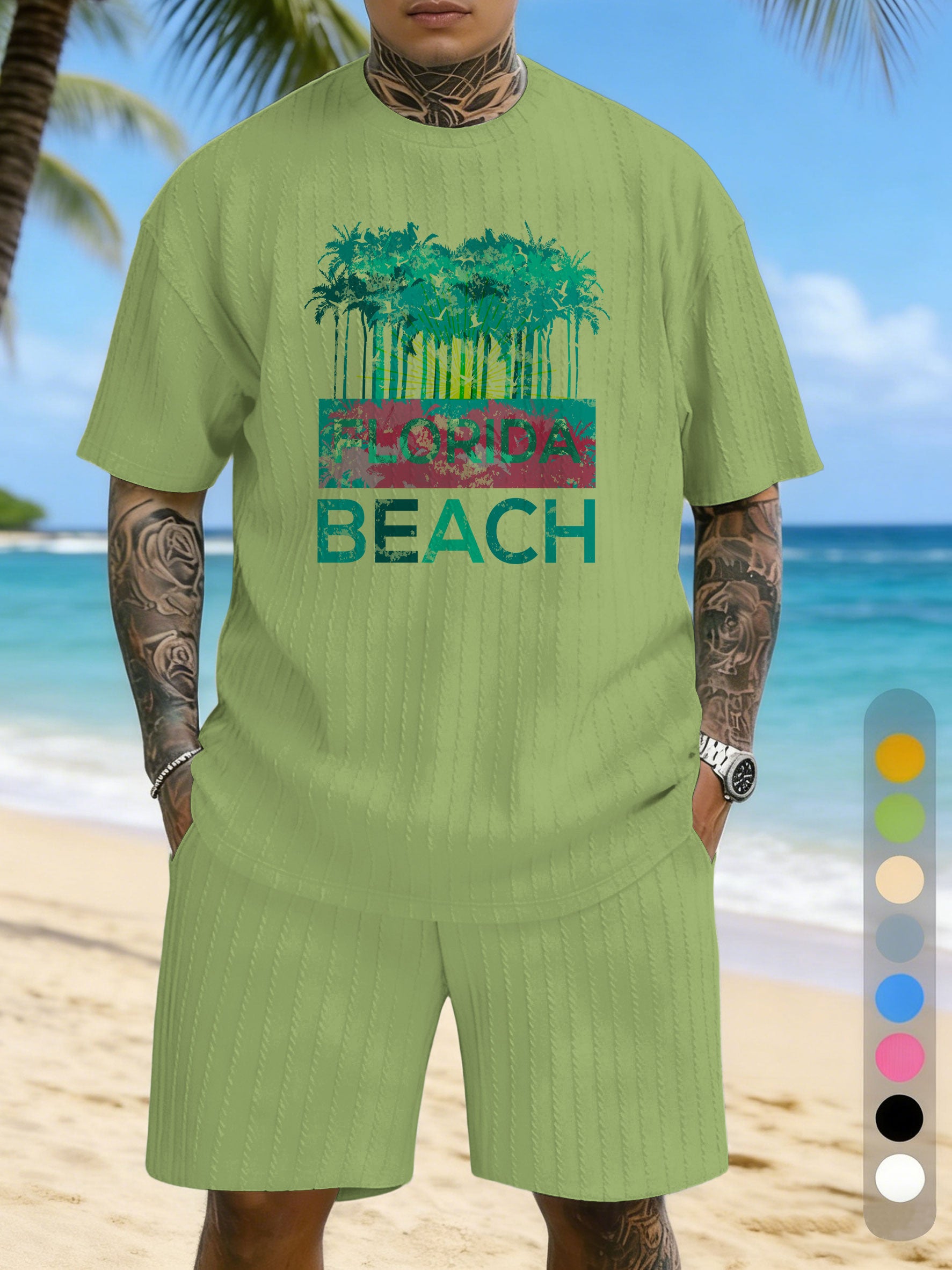 Large Size Jacquard Casual Set With Printed Chest Texture