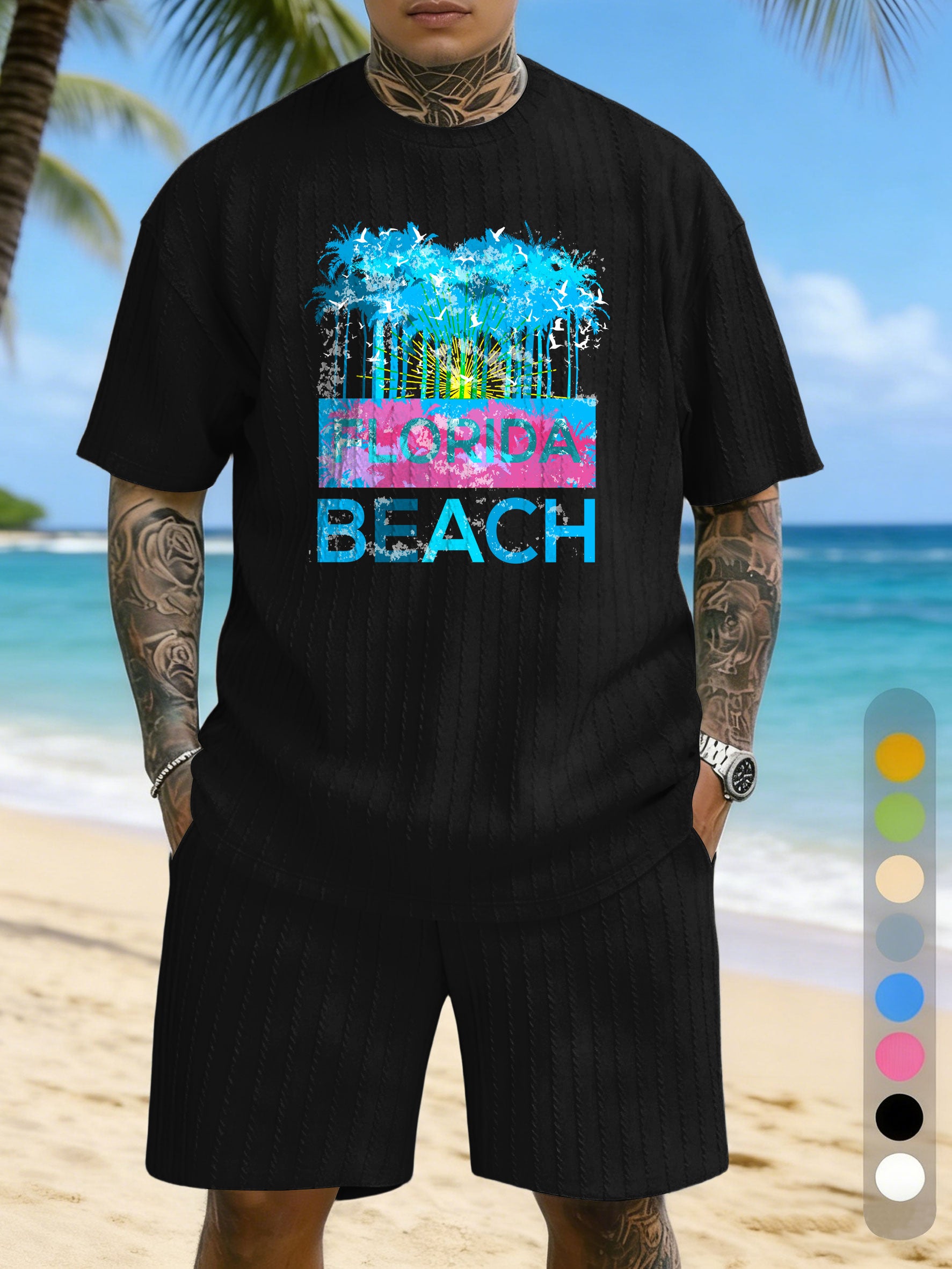 Large Size Jacquard Casual Set With Printed Chest Texture