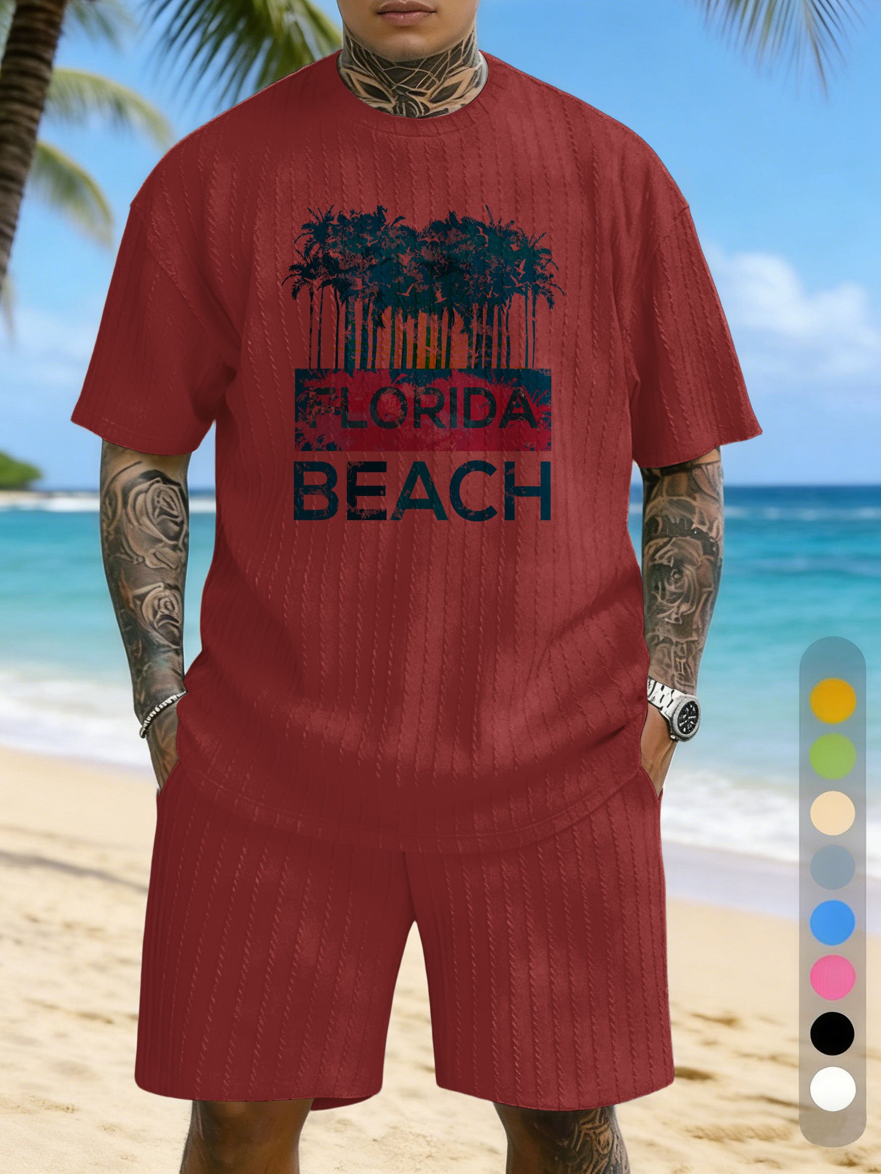 Large Size Jacquard Casual Set With Printed Chest Texture
