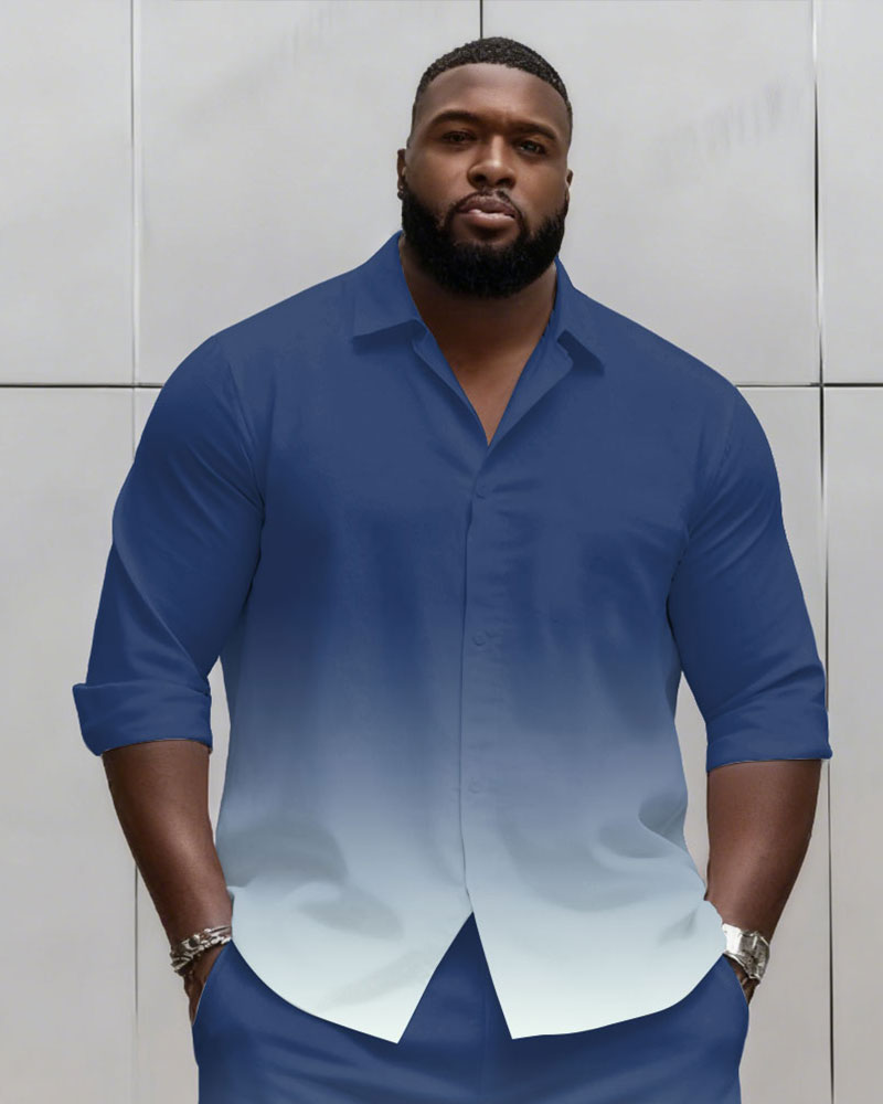 Big & Tall Men's Business Simple Blue & Purple & Grey & White 3 Choice Gradient Contrast Long Sleeve Shirt Shorts Set