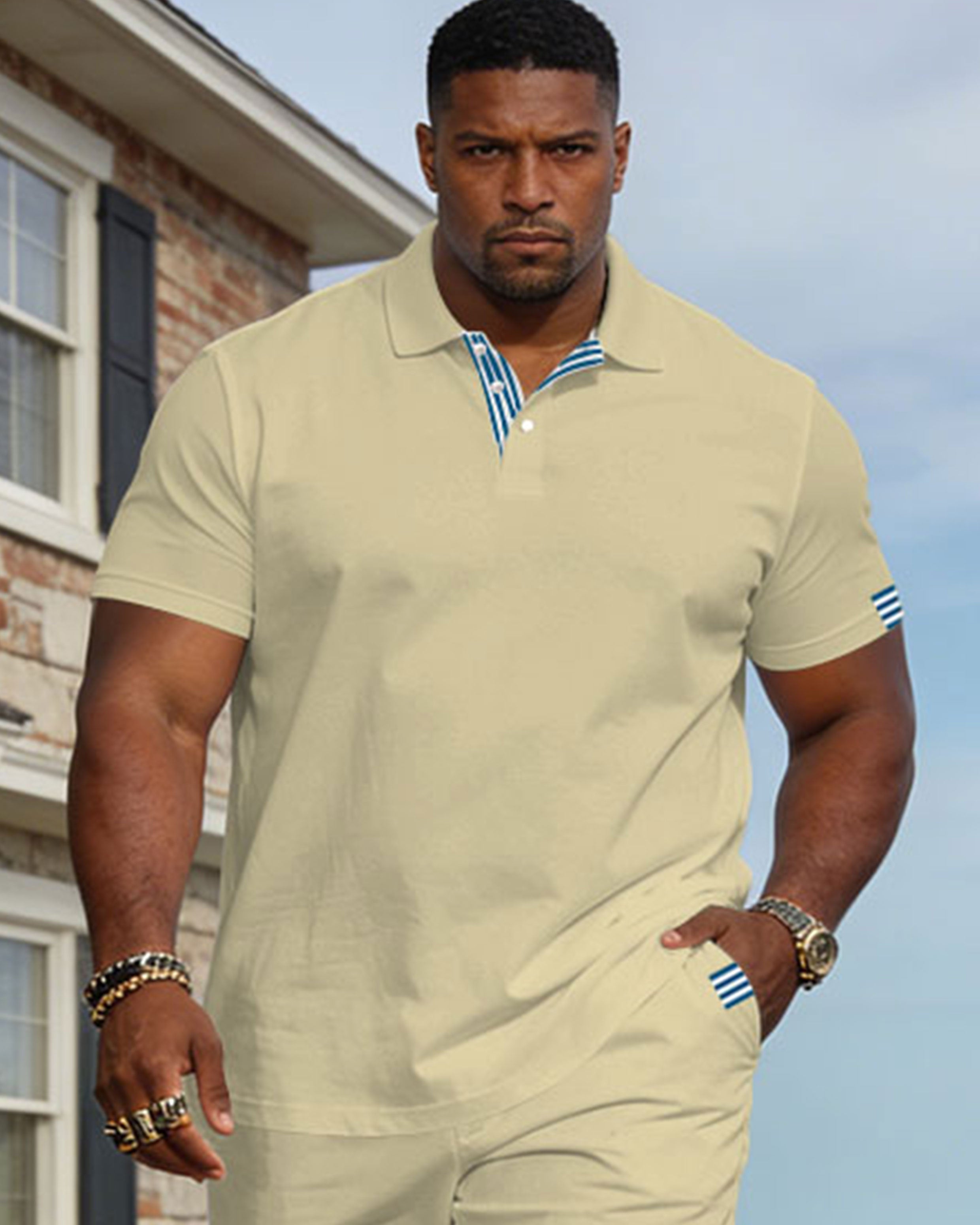 Large Size Men's Spring And Summer Leisure Vacation Light Yellow Neckline, Cuff Features Stitching Business Party Short Sleeve POLO Shirt Shorts Set