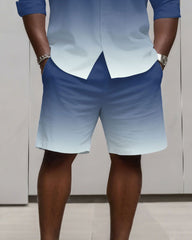 Big & Tall Men's Business Simple Blue & Purple & Grey & White 3 Choice Gradient Contrast Long Sleeve Shirt Shorts Set