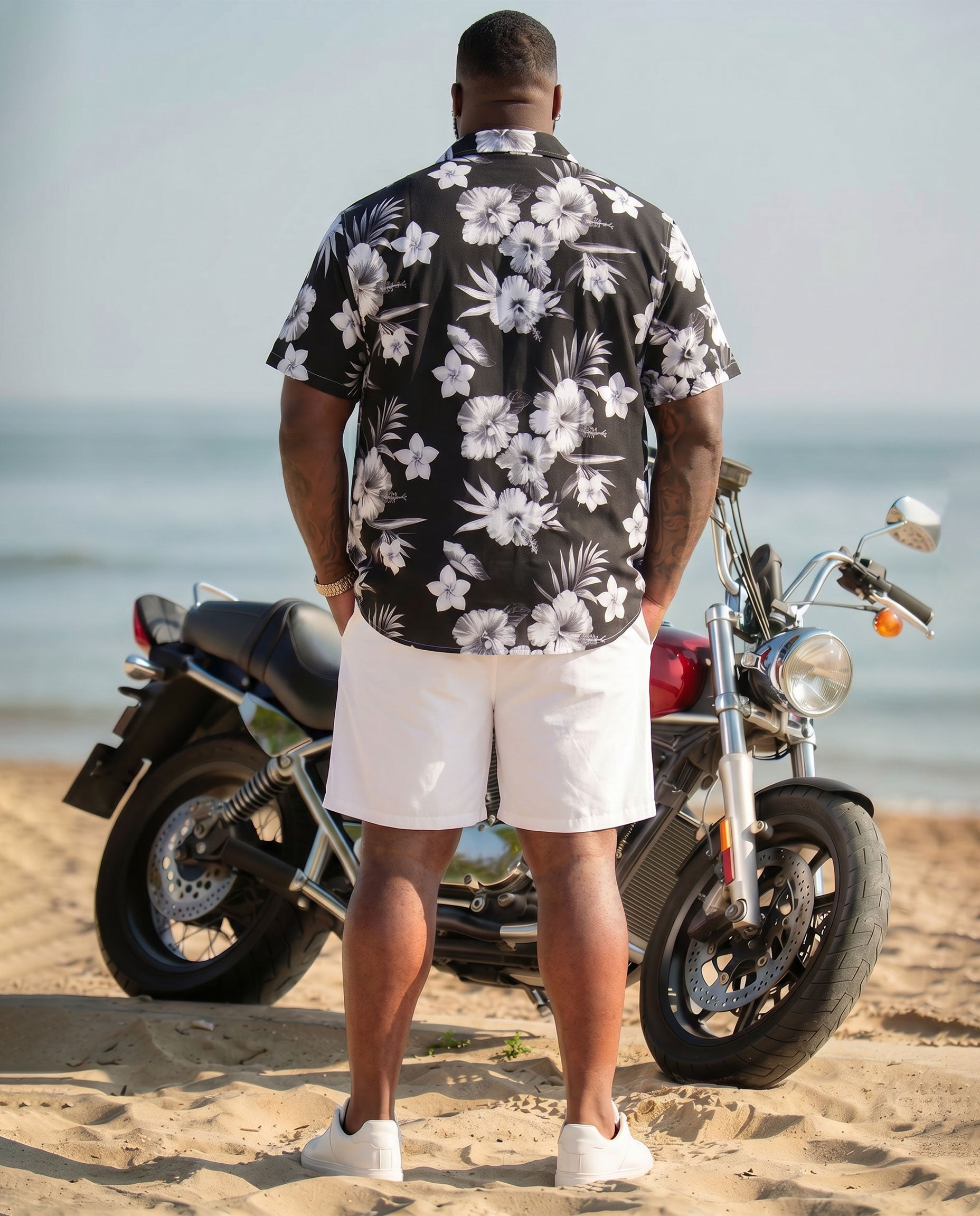 Big & Tall Men's Hawaiian Classic Black & White Floral Full Print Short Sleeve Cardigan Shirt Shorts Set