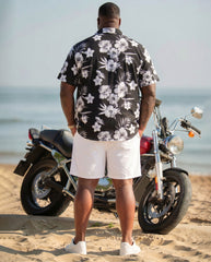 Big & Tall Men's Hawaiian Classic Black & White Floral Full Print Short Sleeve Cardigan Shirt Shorts Set