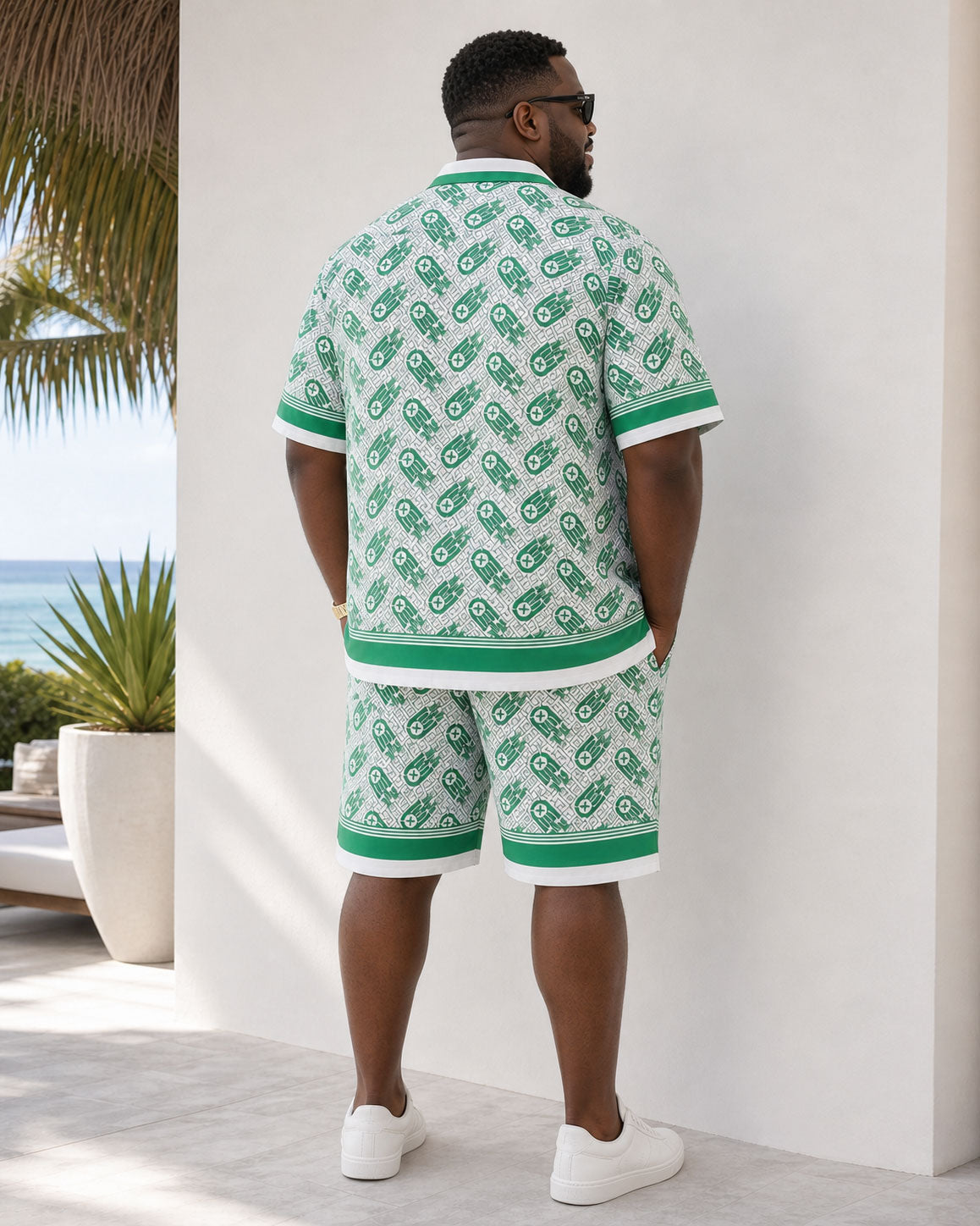 Big & Tall Men's Luxury Baroque Green Pattern Printed Button Shirt Short Sleeve Shorts Set
