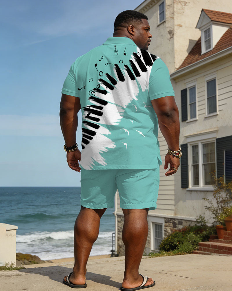 Large Size Men's Spring And Summer Leisure Vacation Business Party Green & White Music Pattern Short Sleeve POLO Shirt Shorts Set