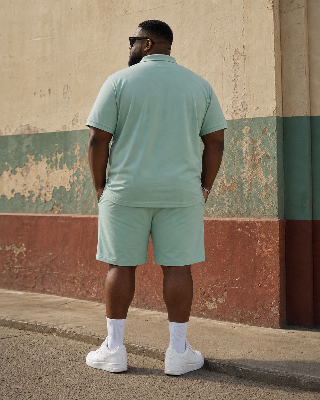 Big & Tall Men's Green Irregular Geometric Contrast Printed Button POLO Shirt Short Sleeve Shorts Set