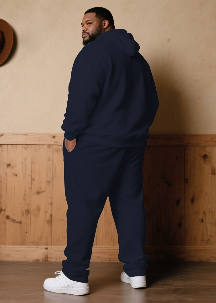 Large Size Men's Autumn And Winter Warm Cold-proof Dark Blue & White Color-block Sleeves Chest Small Label Printed Hoodie Sweatpants Set